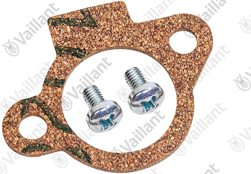 Vaillant Dichtung aus Kork mit zwei silbernen Schrauben, in runder Form mit zentralem Loch und einer Aussparung.